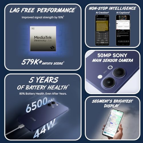 iQOO Z11 Lite 44W 5G (Midnight Blue, 6GB RAM, 256GB Storage) | 6500mAh Battery with 44W Fast Charging* | Dimensity 6300 with 579k+ AnTuTu Score* | OriginOS 6.0 with AI Creation* & Private Space*