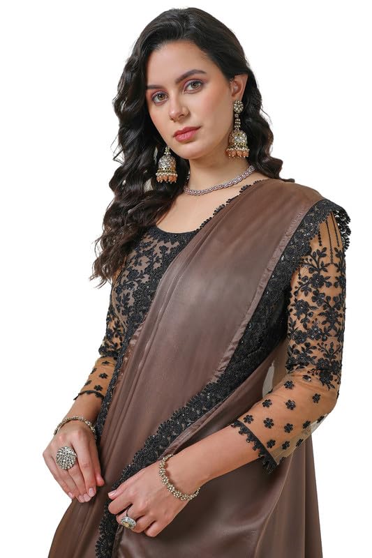 Soch Womens Earth Organza Plain Saree with Sequin Lace Border