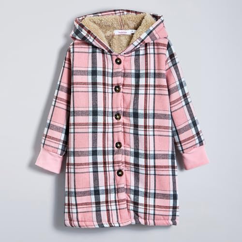 Hopscotch Girls Full Sleeves Pink Checkered Fuzzy Long Coat For Ages(4-5 Years)