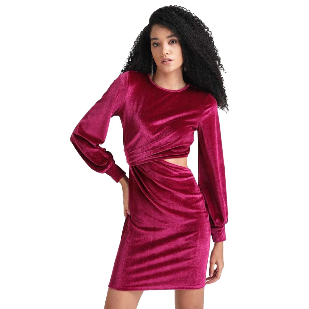 Kazo Crochet Velvet Round Neck Women's Mini Dress (Pink,Extra Small)