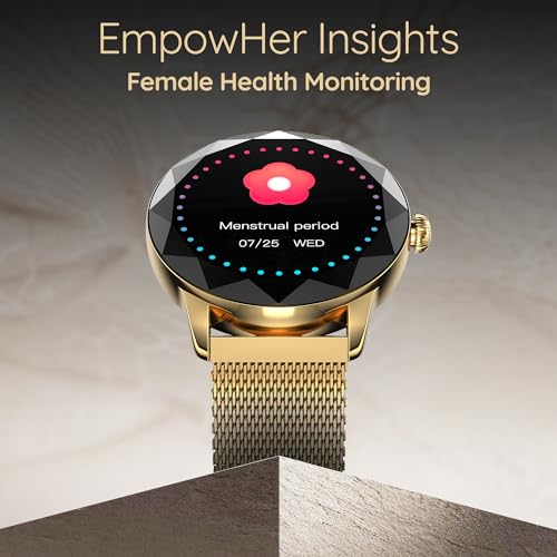 Pebble Vienna Smartwatch for Women with HD Display, Diamond-Cut Design, Glossy Metallic Finish, Mesh Metal Strap, Female Health Monitoring, DIY Watch Faces - Classic Gold