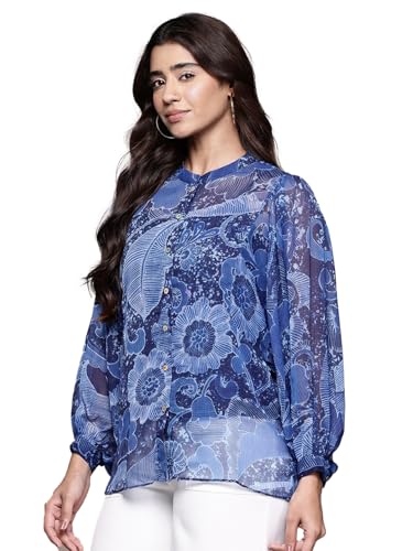 Aarke Ritu Kumar Blue Pearl Petal Full Sleeve Shirt with Camisole