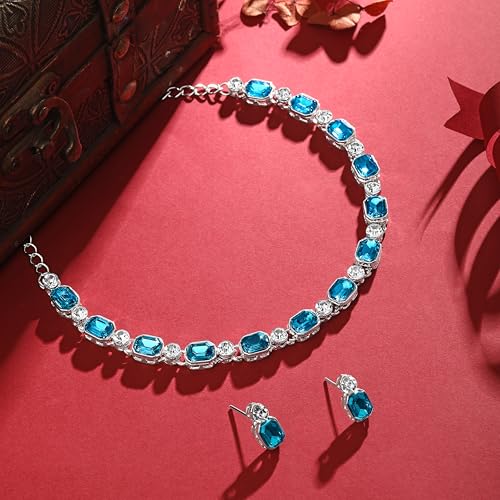 Atasi International American Diamond Style Silver Plated White and Light Blue Crystals Necklace with Earrings Jewellery Set for Women Suited for Party, Wedding, Engagement (RF6177)