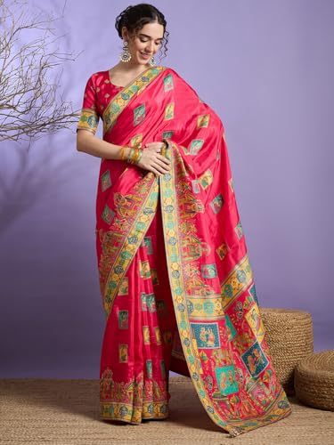 AKHILAM Women's Pink Viscose Silk Ethnic Motif Printed Saree With Unstitched Blouse Piece (MSTANI130E_HS)