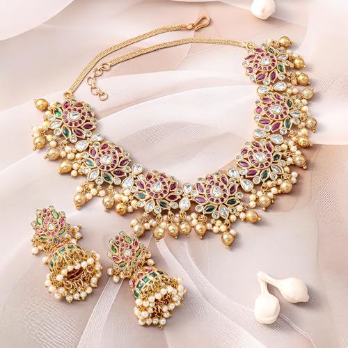 Rubans Womens 22K Gold-Plated Ruby Pink, Emerald Green & White Kundan Studded Pearl Beaded Necklace Set