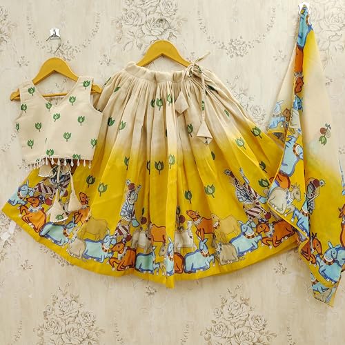 Tejam Girls Printed Lehenga Choli Set with Dupatta - Ethnic Wear Wedding Outfits Suitable For Girls 2 To 8 Years (Yellow, 3-4 Year)