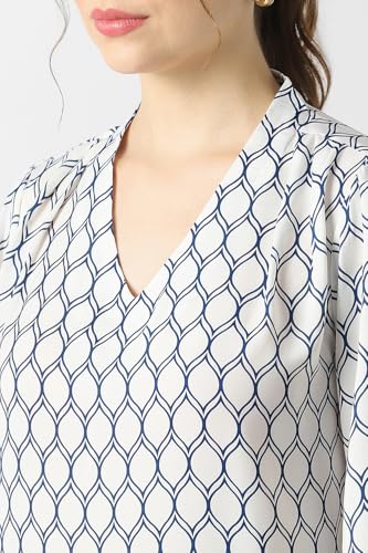Women White Print Formal V Neck Top