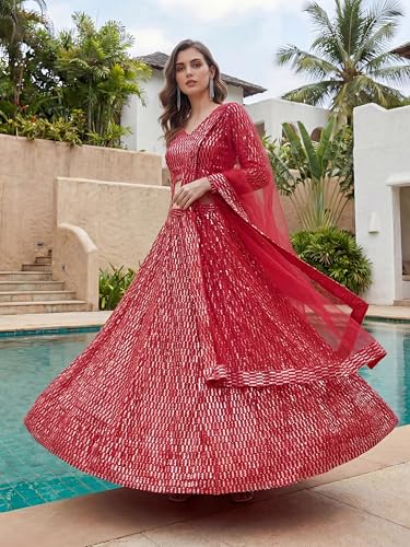 Zeel Clothing Women's Sequins Embroidered Work Soft Net Lehenga Choli with Dupatta (7310-Pink-Wedding-Lehenga-Choli; Free Size) (Pink)