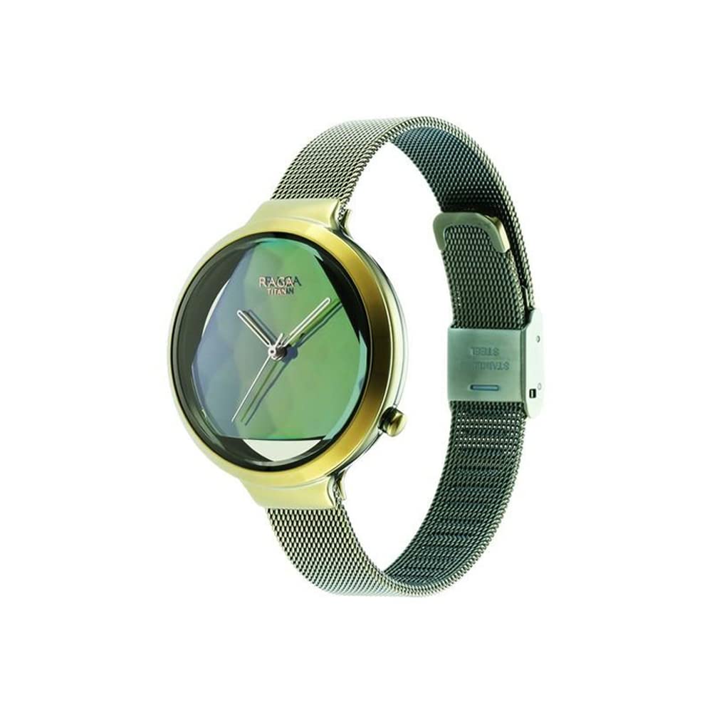 Titan Raga Moments of Joy Quartz Analog Green Dial Metallic Green Stainless Steel Strap Watch for Women - NT95134QM01