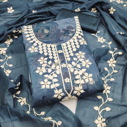 Leeli Peeri Designer Women's Chanderi Embroidery Work Unstitched Salwar Suit Dress Material