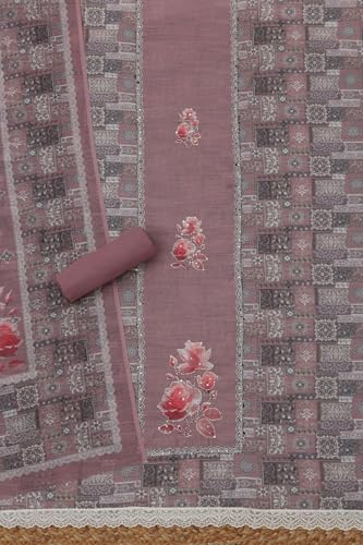 Soch Womens Onion Pink Linen Floral Printed Kantha Embroidered Dress Material With Sequin