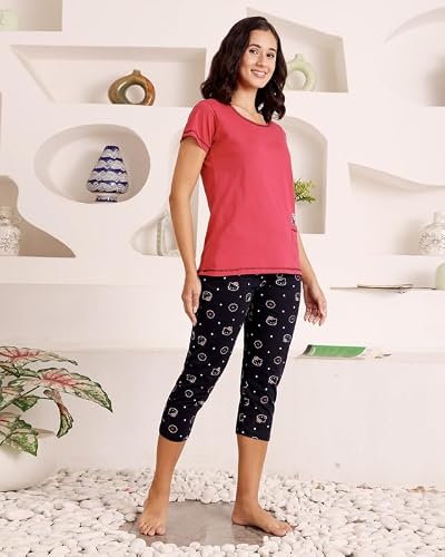 BODYCARE Women's Cotton Printed T-Shirt and Capri Set | Soft & Breathable Nightwear | Short Sleeves | Loungewear Co-Ord Set| BSCS16020_100 Multicolour