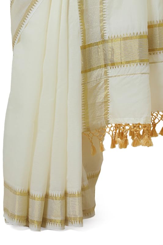 Soch Womens Cream Cotton Blend Zari Woven Kasavu Saree With Tassels