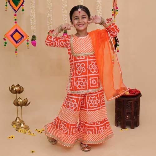 LITTLE GINNIE Cotton Kurta Sharara Set with Dupatta for Girls 1-2 Years - Ethnic Wear for Kids Girls - Orange