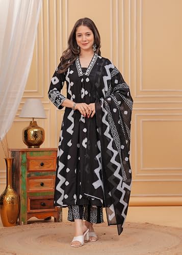 Manojava Women's Kurta with Palazzo and Dupatta Set, Traditional Indian Ethnic Wear, 3 Piece (IN, Alpha, XL, Regular, 3, BLACK)
