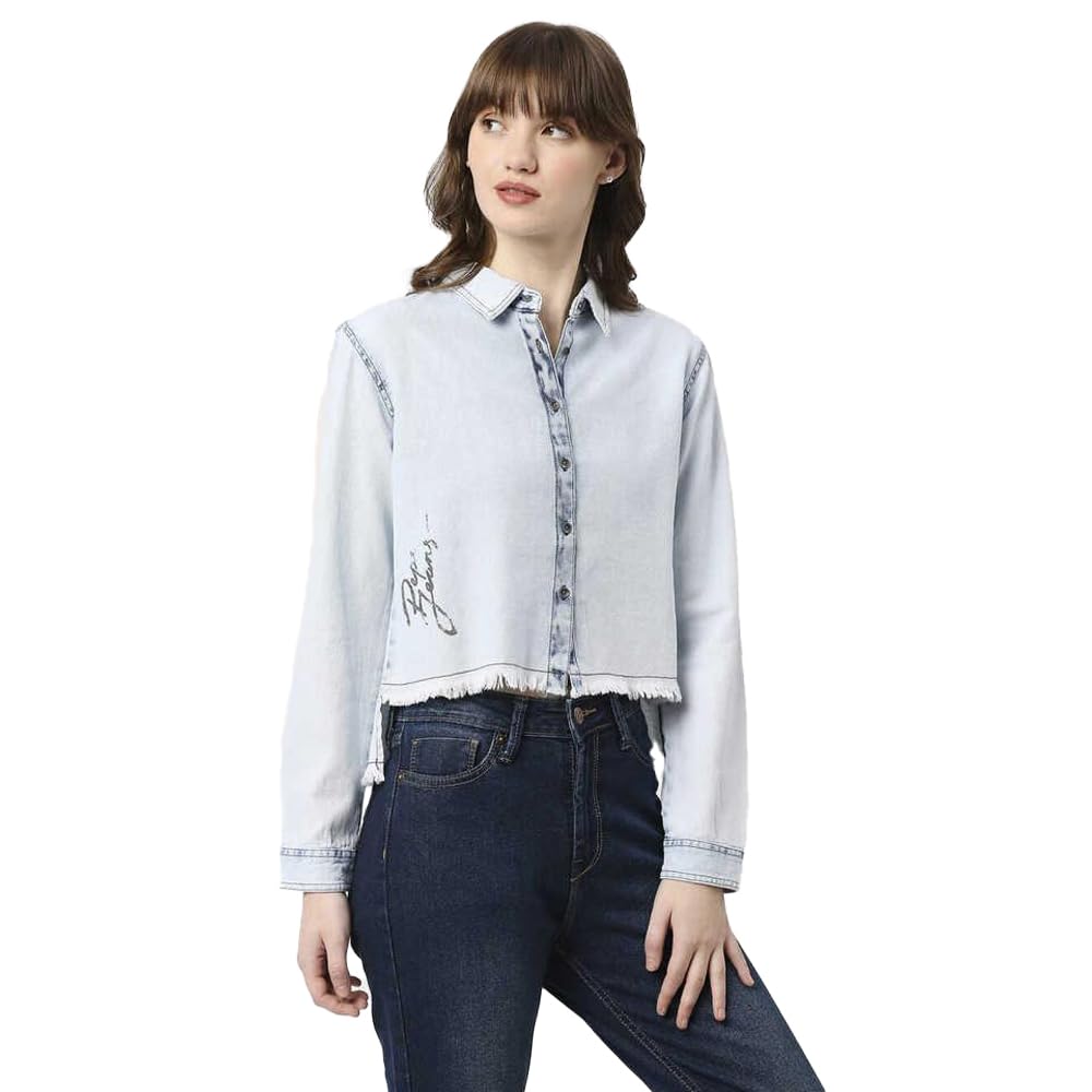 Pepe Jeans Solid Regular Neck Cotton Women's Casual Wear Shirt (Blue,Medium)