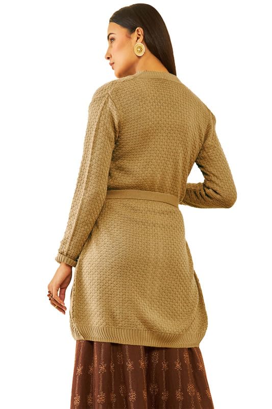 Soch Womens Beige Acrylic Knitted Open-Front Longline Shrug with Waist Tie-Up