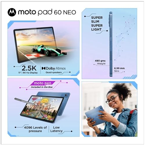 Motorola Moto Pad 60 Neo Tablet, Pantone Malibu Blue, 11 Inch 2.5K 90Hz Display, MediaTek Dimensity 6300, 4GB RAM, 128GB ROM, with Moto Pen