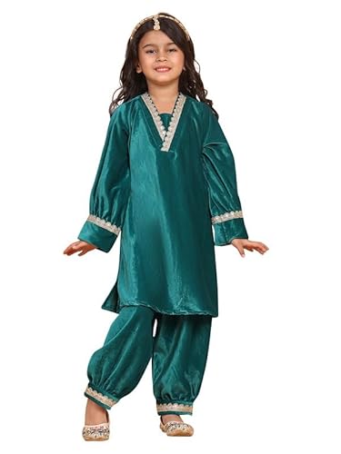 superminis Girls Velvet Lace Work Kurti Duppata and Matching Afgani Ethnic Wear Set (3-4 Years, Green)