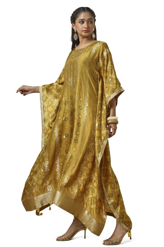 Soch Womens Mustard Brocade Zari Woven Kaftan with Beads