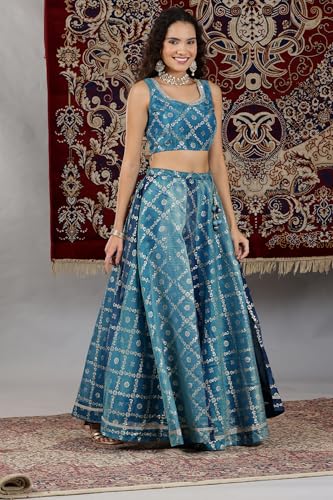 Aurelia Women's Blue Printed Zari Embroidered Crop Top, Brocade Flared Skirt and Dupatta Set