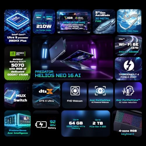 Acer Predator Helios Neo 16 AI, Intel Core Ultra-9_290HX+, NVIDIA GeF RTX 5070-8GB, 16GB RAM/1TB SSD, (16") WQXGA IPS, 240Hz/92Whr, Win 11H, Abyss Black, 2.7Kg, PHN16-I71, RGB KB, Gaming Laptop
