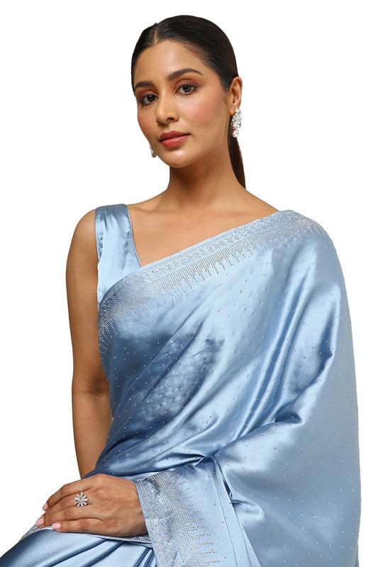 Soch Womens Powder Blue Satin Embellished Saree With Stone Work