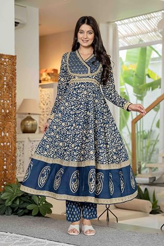Pistaa's Women's Pure Cotton Anarkali Floral Printed Hand Work Kurta with Pant & Dupatta Set (Royal Midnight Blue, Large)
