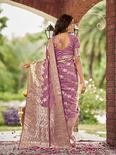 MANOHARI Women's Most Trendy Banarasi Satin Silk Woven Rose Pink Saree With Heavy Jacquard Work Saree With Blouse Piece_MN2026