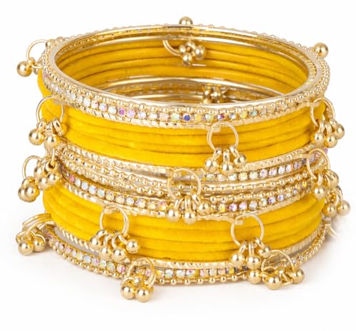 Shining Diva Fashion 20 Pcs Traditional Stylish Ghungroo Velvet Kashmiri Bangles Set for Women & Girls (17415b_2.6) (Yellow)