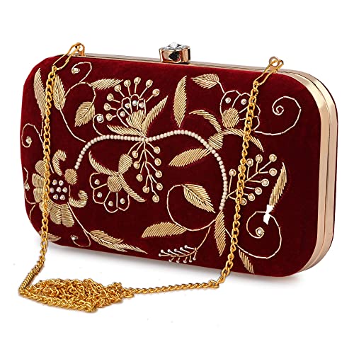 For The Beautiful You Maroon Embroidered Women's Clutch (D-705)