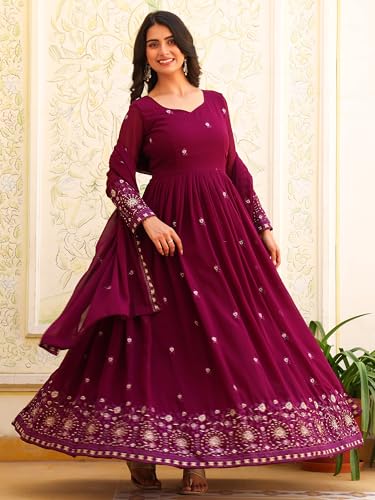 Fashion Basket Georgette Embroidered Anarkali Dress for Women Purple