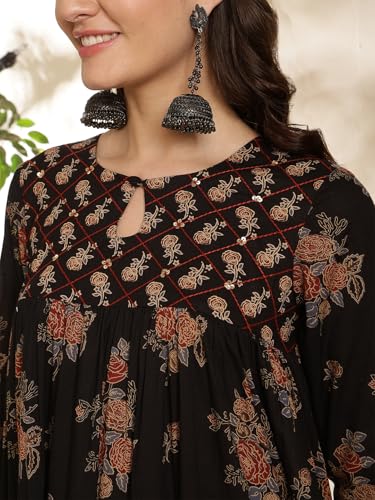 Kimayra Women's Cotton Calf Length Printed Key Hole Neck Tired Kurta Suit Set (KIM9026PC3BLACK_XL, Black)