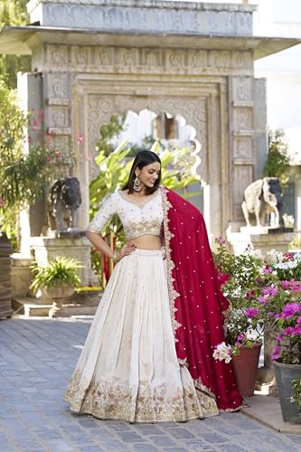 JIHU CULTURE Off-White Vichitra Silk Fabric Thread Embroidery Work Semi Stitched Lehenga Choli With Dupatta Set For Women, 44