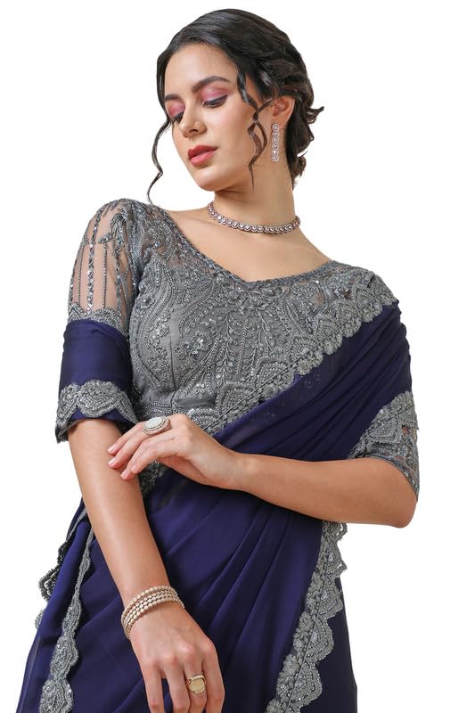 Soch Womens Navy Blue Georgette Saree with Lace Border