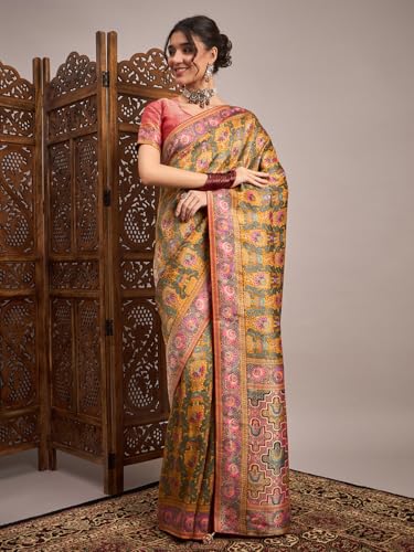 AKHILAM Women's Kanjivaram Woven Soft Silk Saree With Blouse Piece