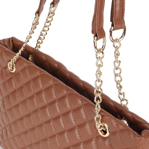 Fastrack QuiltPlay Tan Shoulder Bag | Quilted Faux-Leather Women’s Handbag Bag with Metal Accent Strap & Zipper Closure