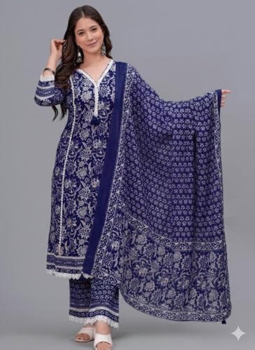 Amayra Women's Pure Cotton Printed Straight Kurta Set with Palazzo Pants & Dupatta- Ethnic Wear, Blue(TCK621,XXL)