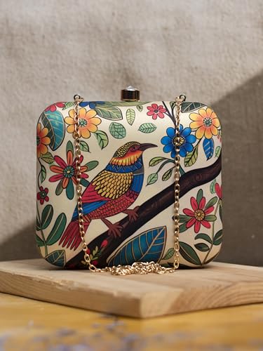 Artklim Beige Based Bird Printed Clutch