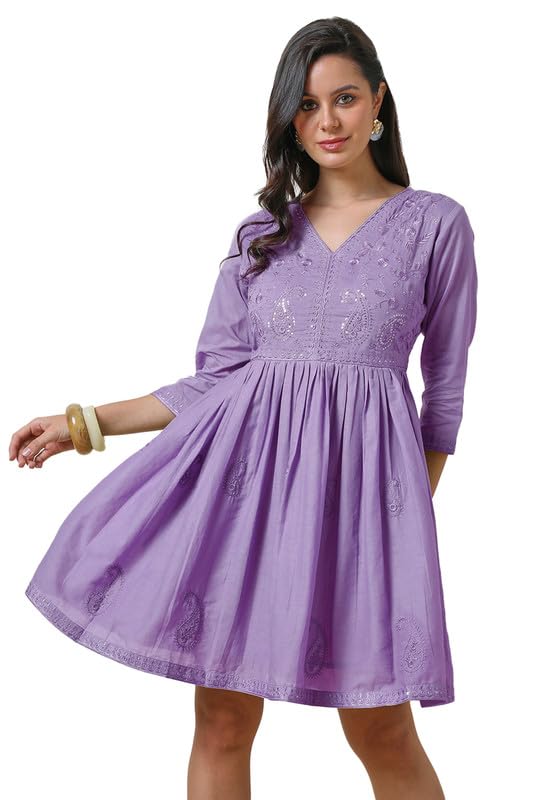 Soch Womens Purple Cotton Embroidered Dress with Sequins