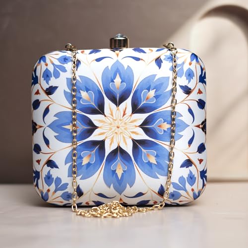 Artklim White And Blue Printed Clutch