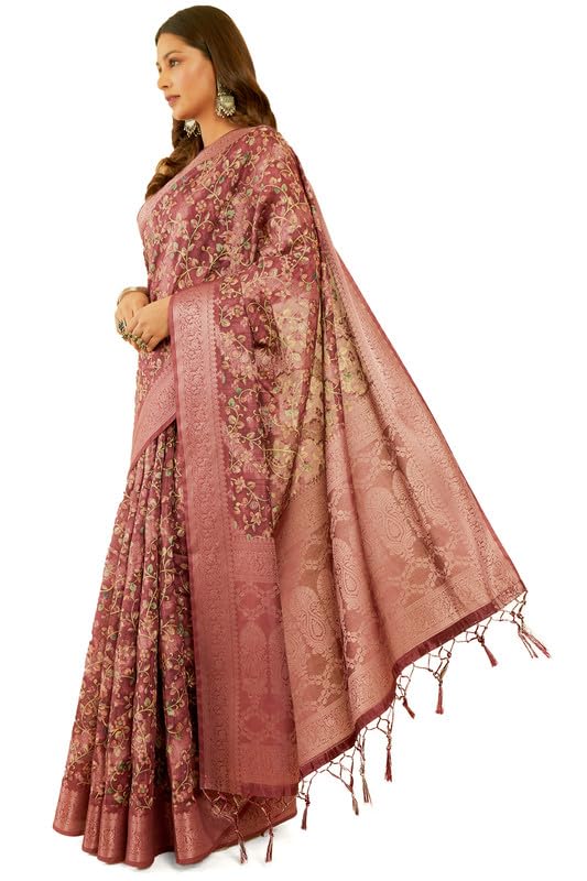 Soch Womens Wine Floral Print Chanderi Jacquard Saree