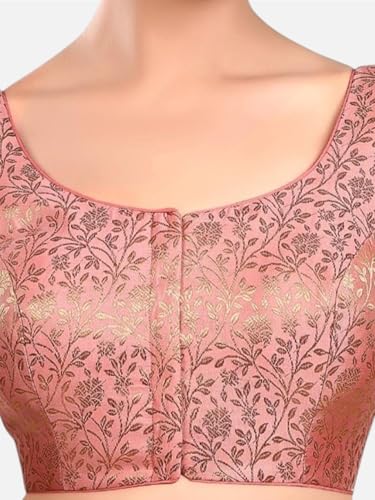 Biyu Women's Brocade Floral Woven Round Neck Half Sleeves Readymade Saree Blouse (Peach, 46)