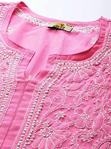 Ada Hand Embroidered Indian Chikankari Women's Faux Georgette Kurti Kurta A411221 (L_Pink), Pink, L