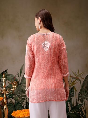 Ada Women Cotton Blend Regular Fit Hand Embroidered Lucknowi Chikankari Printed Kota Doria Short Kurti Top Tunic with Slip A911440 Peach (XL)
