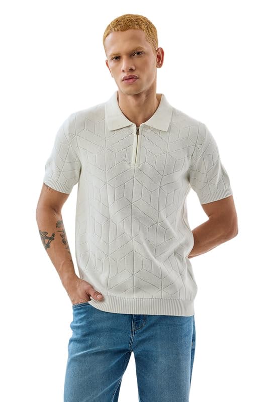 SNITCH Men T-Shirts | Textured Self-Design Polo Collar with Zipper Closure | 100% Cotton Slim Fit Breathable Fabric for Casual & College Wear | White