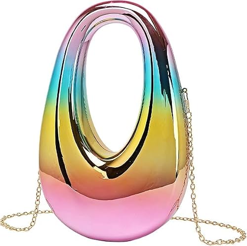 HAYSCH Metallic Acrylic Evening Handbag for Women | Crossbody Sling Bags with Detachable Chain Strap Glossy Stylish Latest Ladies Girls Small Size Cute Party Wedding Bag (Rainbow Oval Sling)