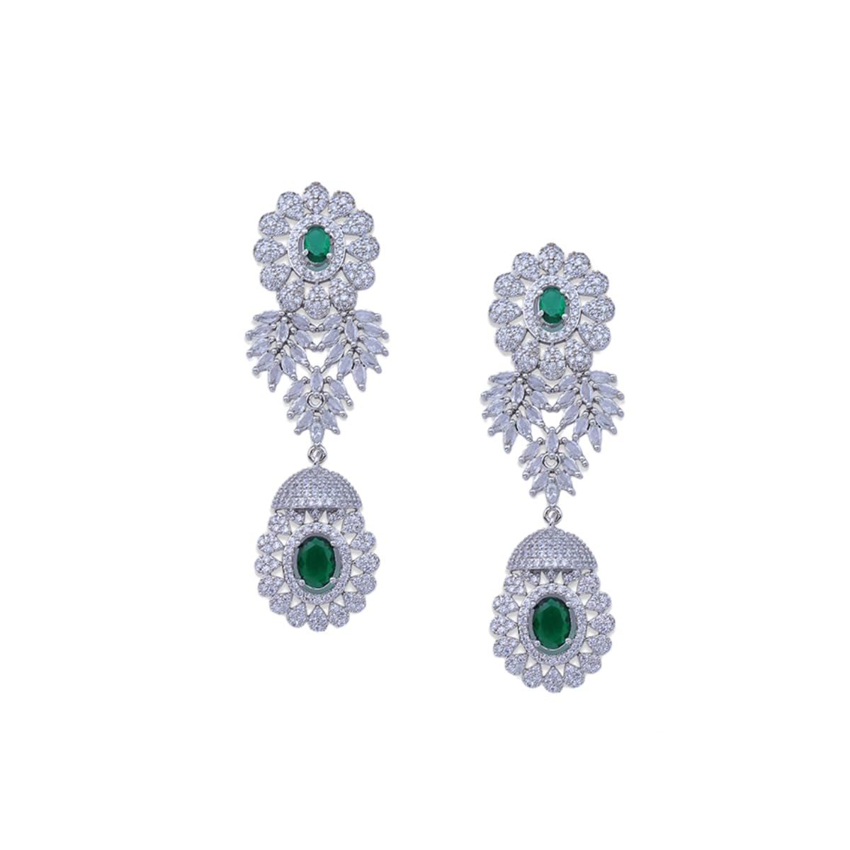 Iksava Rhodium Plated Necklace Set with Earrings American Diamond Bridal Jewellry Set with Earrings / Statement Bridal Jewellry - Ideal for Weddings, Engagement, and Special Occasions for Womens. (Green Silver)