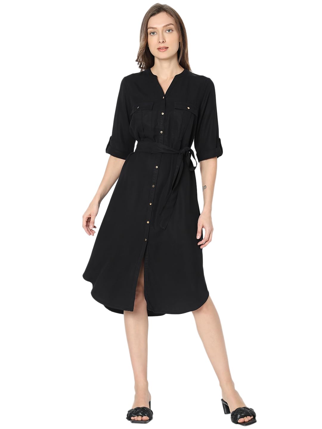 Vero Moda Women's Polyester Blend Classic Below The Knee Dress  (10319956-Jet Black_Jet