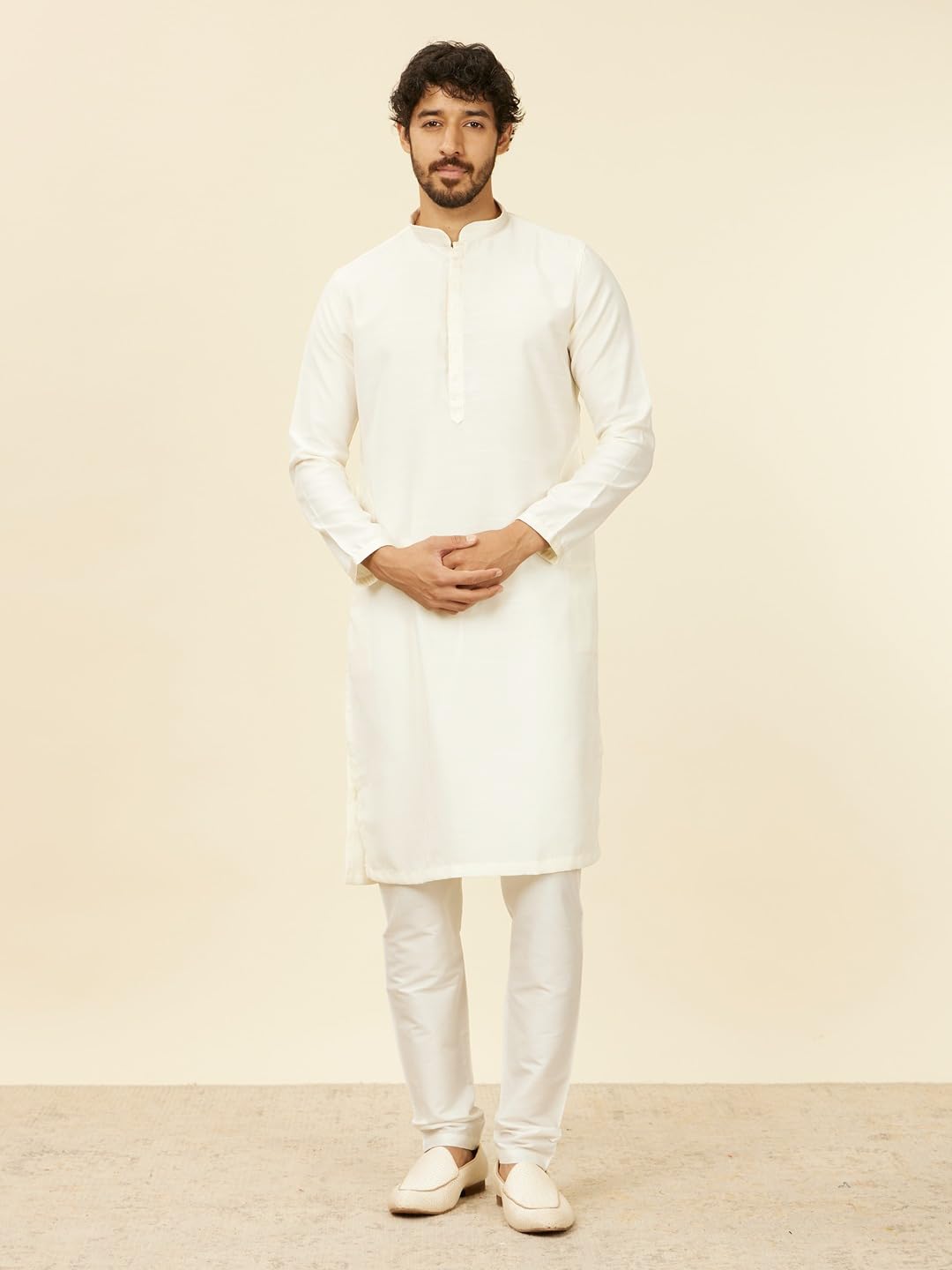Manyavar Men's Satin Embroidered Kurta Jacket Pyjama Set (3pcs)